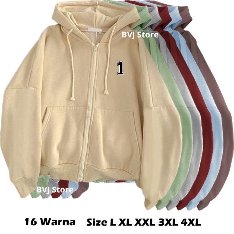 Hoodie zipper wanita aesthetic logo angka 1 oversize premium jacket resleting jumbo wanita pria size