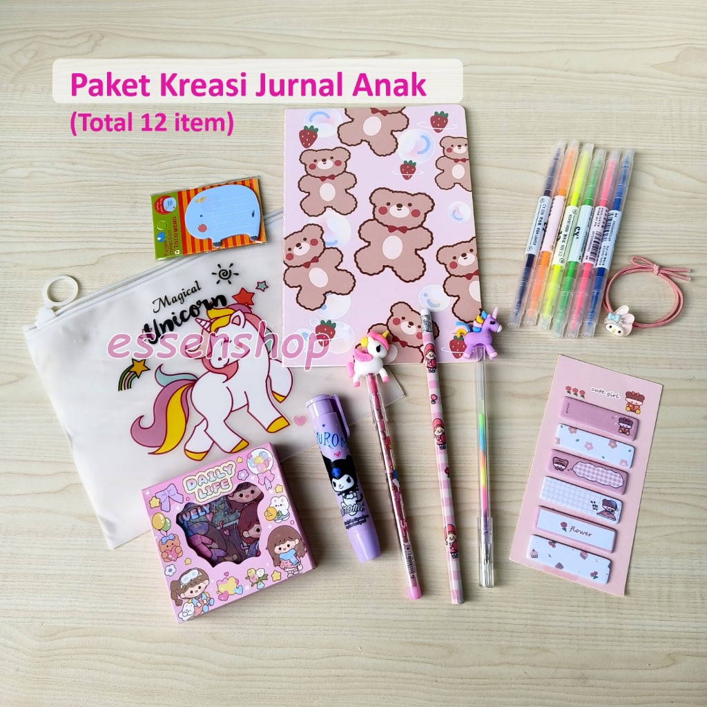 

Paket hadiah anak Alat Tulis jurnal anak kreasi sticker pensil penghapus raibow gel sticky notebook