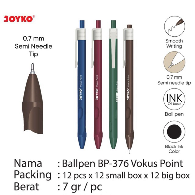 

( 12 pcs ) JOYKO Vokus Point Retracable Ball Pen tinta hitam / Pulpen Cetrek / Pena Joyko BP-376 Vokus Point 0.7 mm