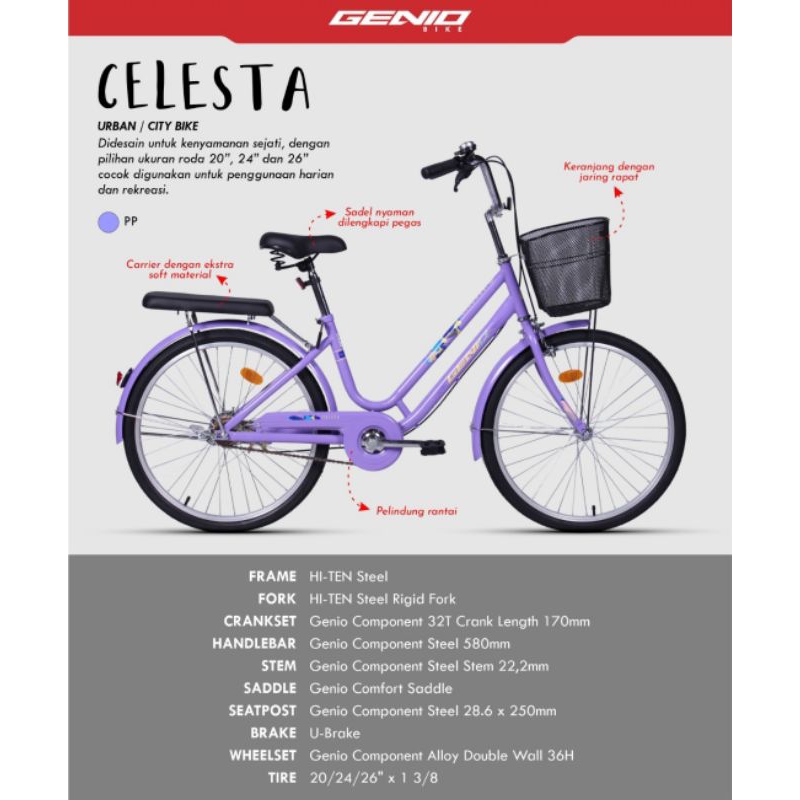 SEPEDA PEREMPUAN REMAJA DEWASA 20 24 26 INCH GENIO CELESTA BY UNITED