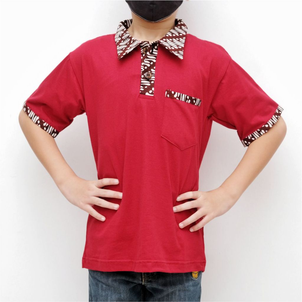Kaos Krah Polo Batik Anak Unisex Lengan Pendek Warna Merah Maroon Premium Sari