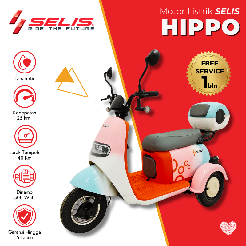 SELIS - Hippo Motor Listrik Roda 3 Anti Hujan Dewasa Sepeda Listrik Roda 3