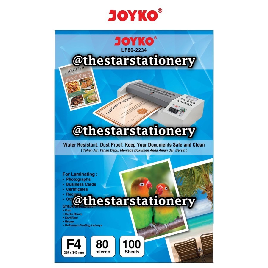

(1 Pak Isi 100 Lembar) GROSIR Plastik Mika Laminating Film Joyko LF80-2234 F4 22.5 x 34 cm / Laminating Film Plastik Laminating Joyko LF80-2234 / Joyko LF80 2234