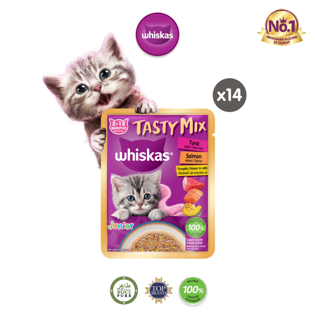 Whiskas Tasty Mix Jelly Makanan Kucing Basah Pouch Junior 70 gr - Isi 14