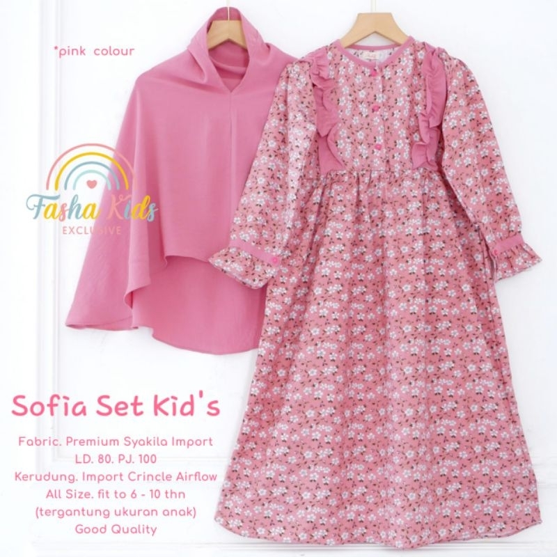 Gamis Set Jilbab Anak • Gamis Syari Plus Jilbab • Setelan Gamis Anak Lebaran • Sofia Set By Fasha Ki