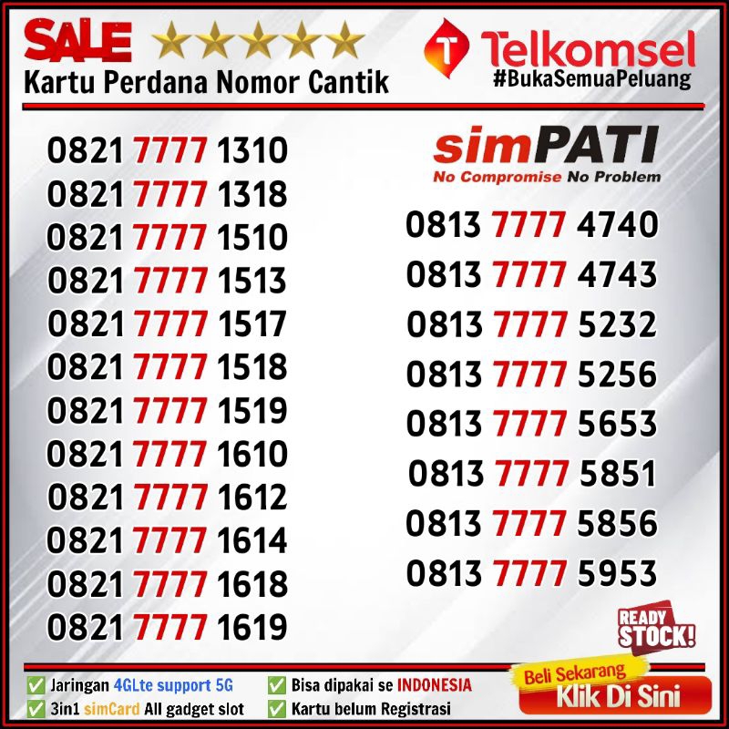 Perdana Telkomsel 7777 Nomor Cantik simpati kwartet 4G