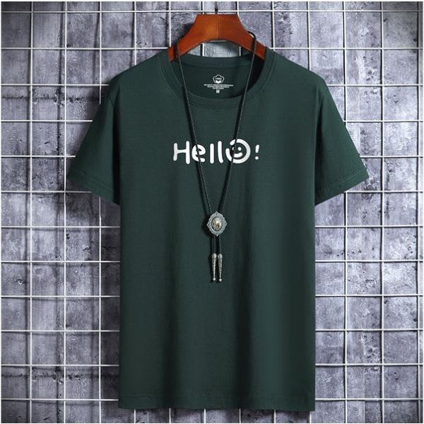Kaos Distro Pria Warna Green Lengan Pendek Tulisan Simpel HELLO | Kaos Simpel Pria Bahan Katun | Kao