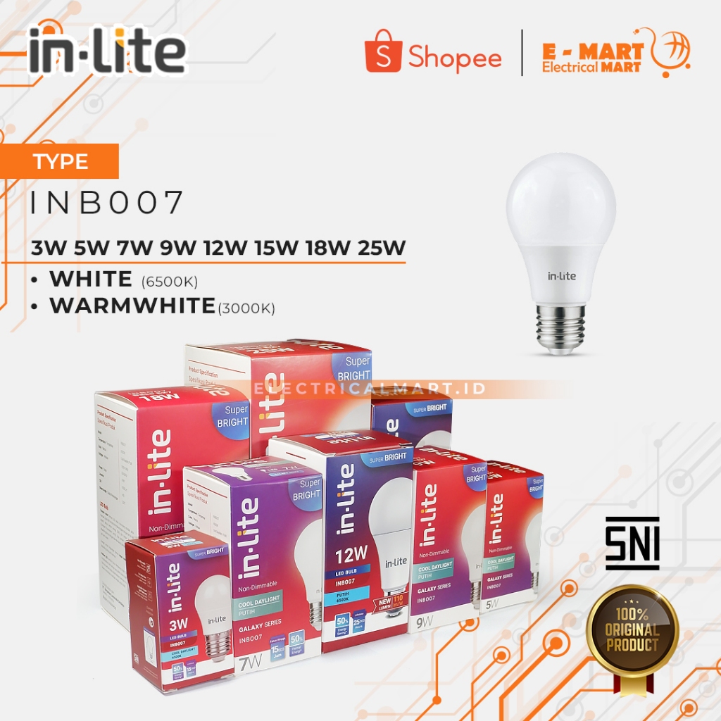 INLITE Led Bulb 9w 12w 4000K Natural Cool White