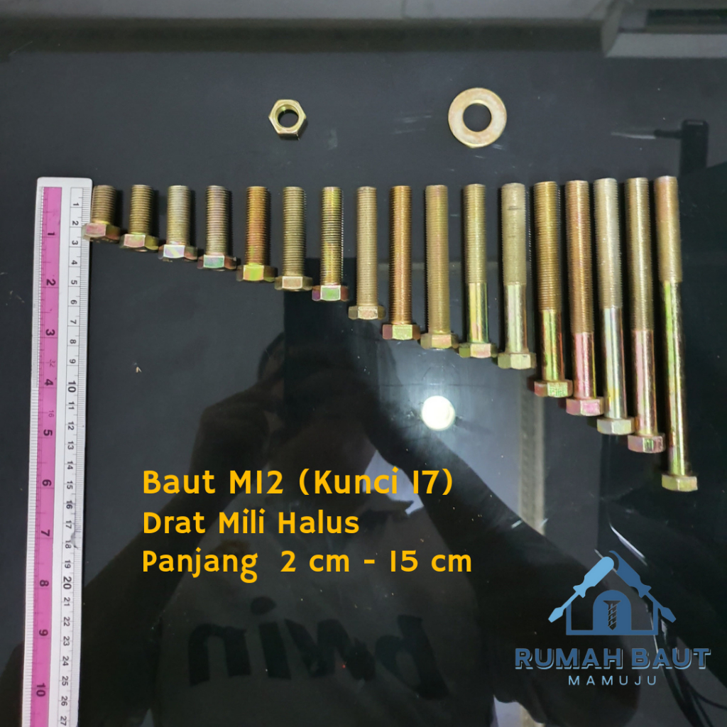 Baut M12 Kunci 17 (Drat Mili Halus/1.25) Panjang 2-15 cm