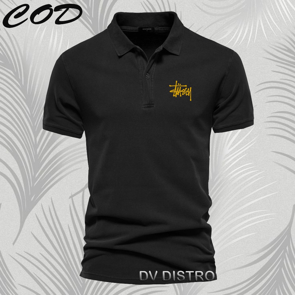 COD T-shrit POLO kerah Stussy Text Gold Kaos Kerah Dewasa Shirt / Kaos Wangki Pria Polo / Kaos Serag