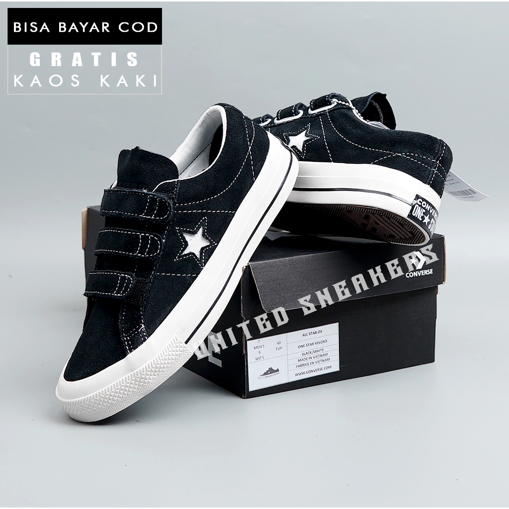 Sepatu Pria Sneakers Converse Cons One Star Velcro Suede Black White Import Premium