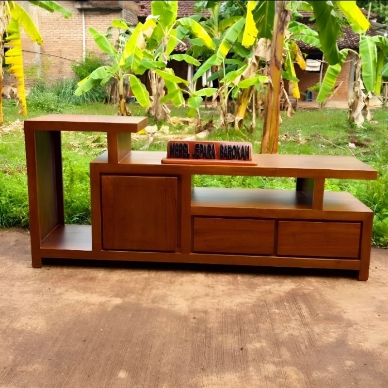 Bufet Meja TV Vintage Kayu Jati Minimalis Rak TV Klasik 3 Laci Serbaguna