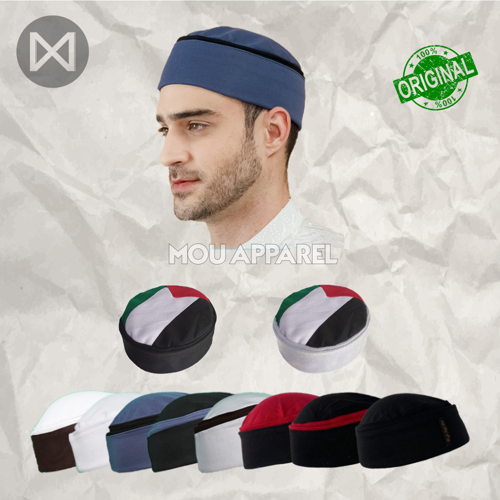 Peci Haji Lipat Khas Mesir Premium Kopiah Motif Palestina Pria Biru Putih Hitam Kopyah Bulat Sholat 