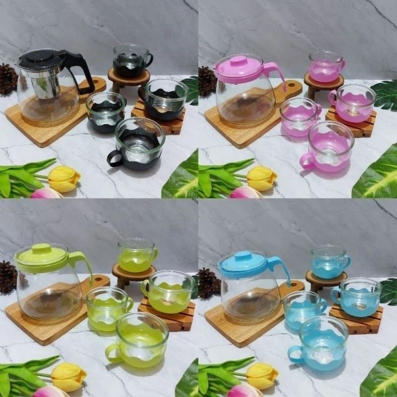 Set 5 in 1 Tea Pot, Teapot Warna / Teko Set Cangkir Kaca / Teapot Gelas Kaca.