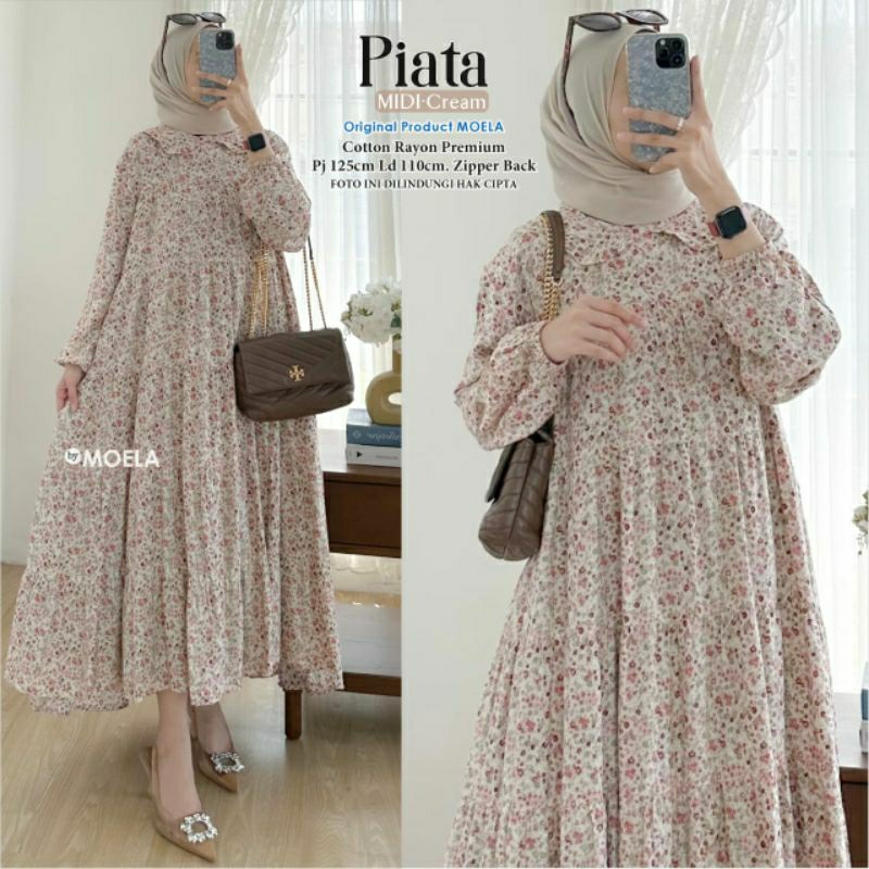 Piata Midi By Moela | Midi Dress Rayon Fit XL Ld110 Motif Bunga Cantik Zipper Back Best Seller