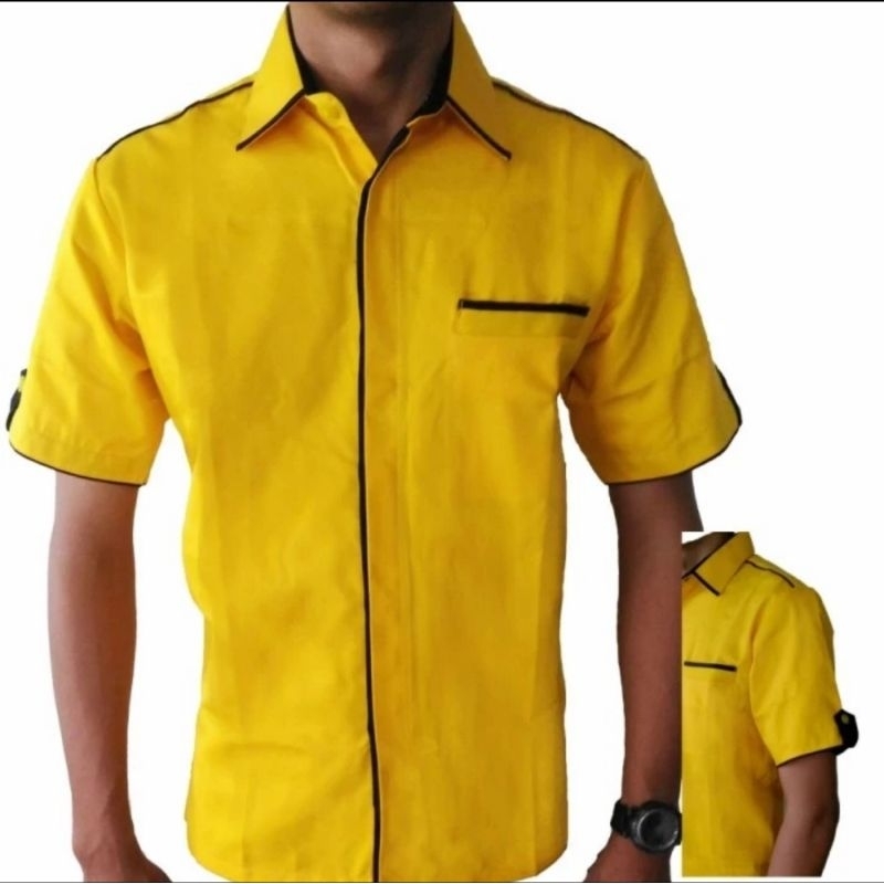 Baju Seragam Karyawan Kerja Partai Komunitas Kuning Lis Hitam Drill