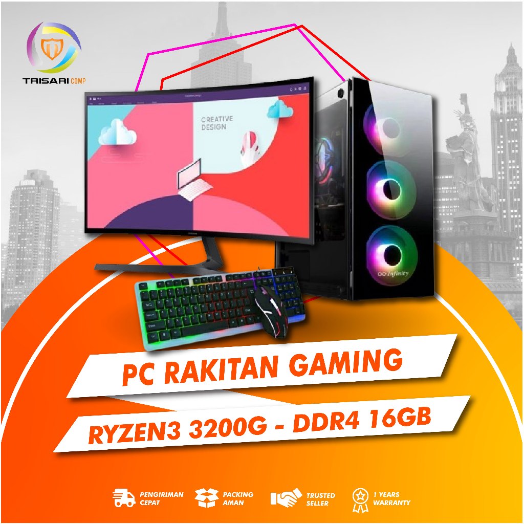 PC RAKITAN GAMING RYZEN 3 3200G | RAM 16 GB | SIAP GAMING EDITING DESAIN LED 24 INCH FULLSET