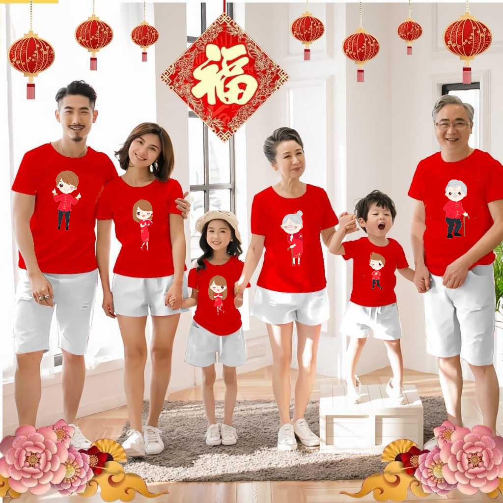 Kaos couple gong xi motif CHEONGSAM seragam imlek merah kembar ibu ayah anak nenek kakek baju Chinese New Year lengan pendek murah