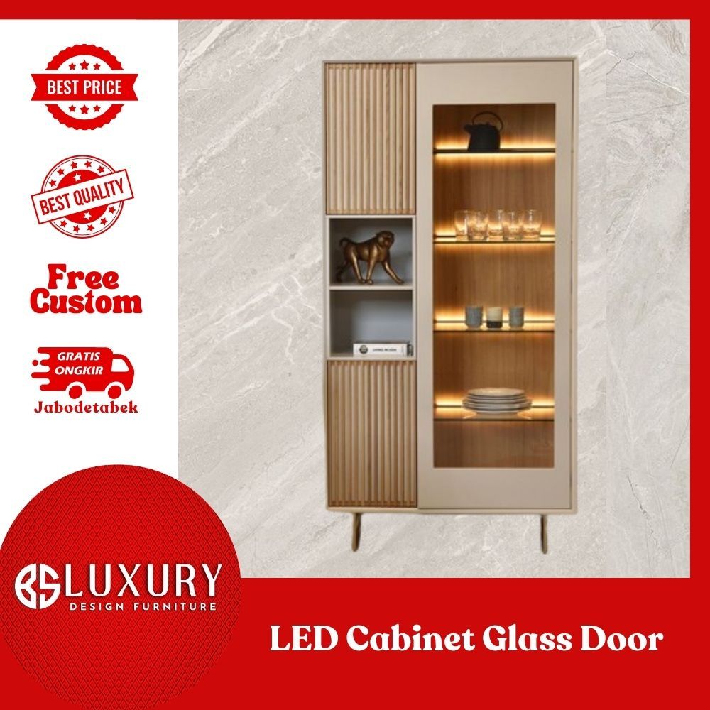 Kabinet LED Luxury Rak Buku & Pajangan Pintu Kaca Minimalis Premium