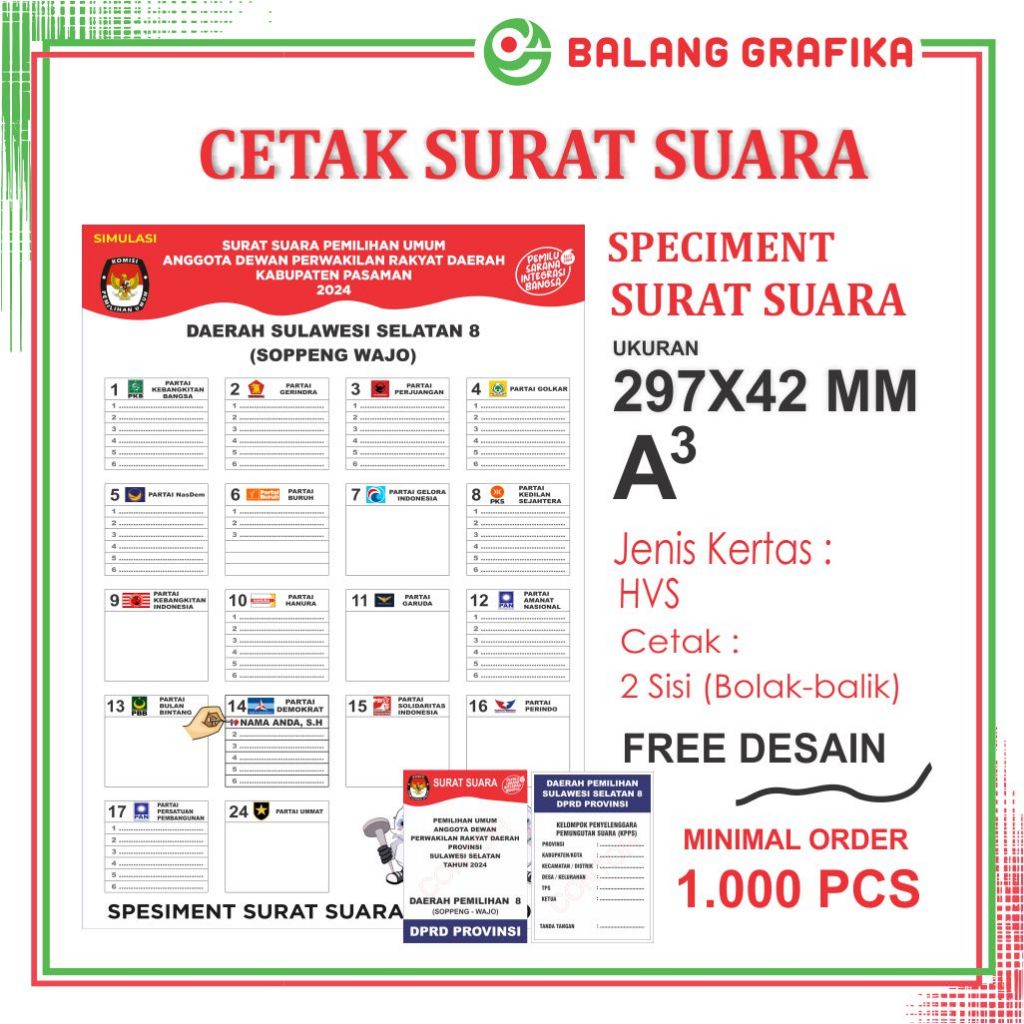 

Cetak Spesimen Sample Surat Suara Pemilu Caleg