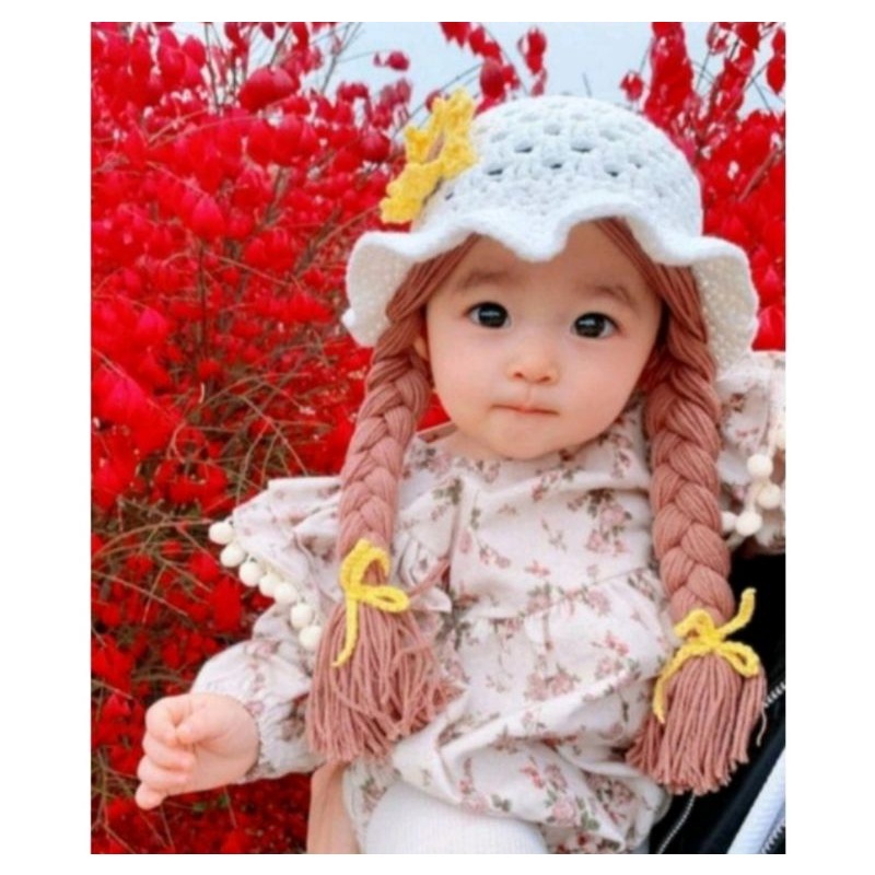 Topi Kupluk Anak Perempuan | Kupluk Kepang Wig Baby Panjang Bunga Pita | Umur 0-2 Tahun