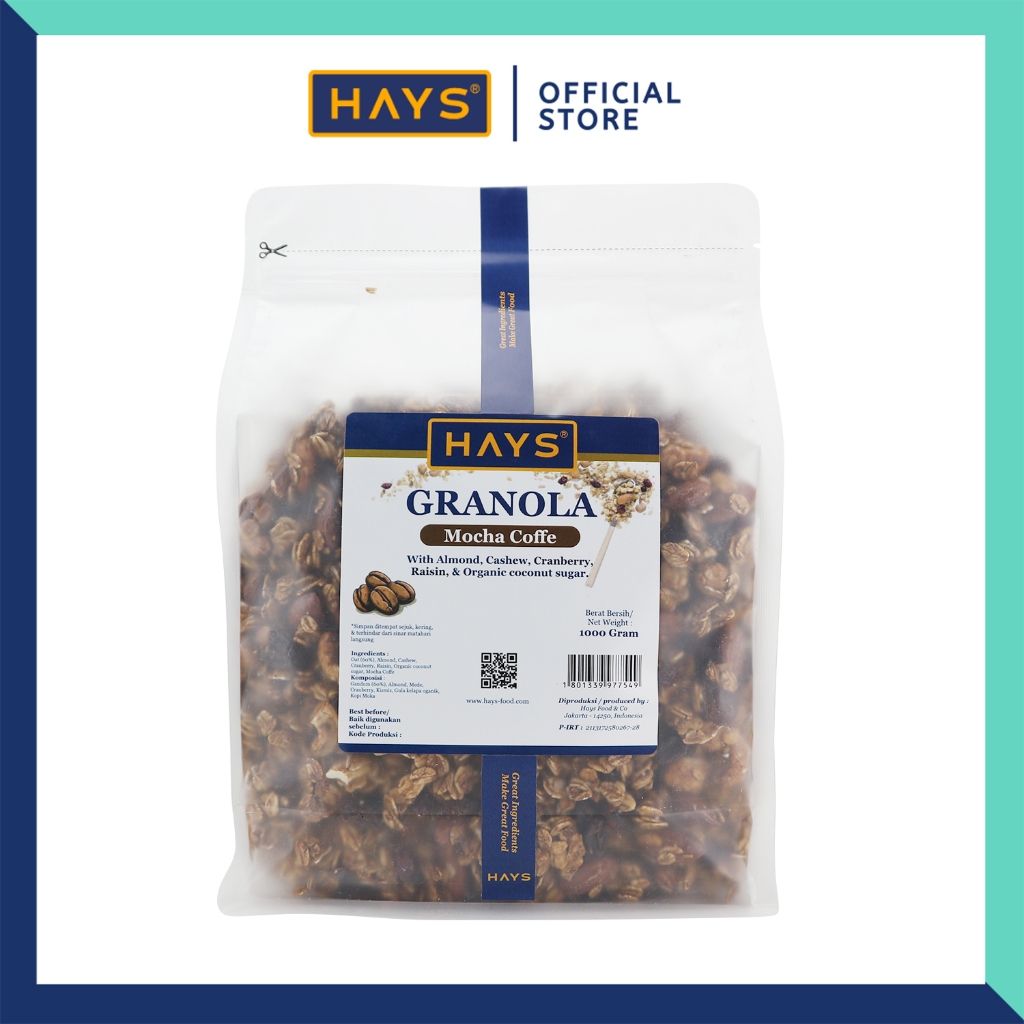 

HAYS Granola Mocha Coffee 1 KG / Sereal oatmeal Kopi Moka dengan Almond Mete Cranberry Raisin Organic Coconut Sugar