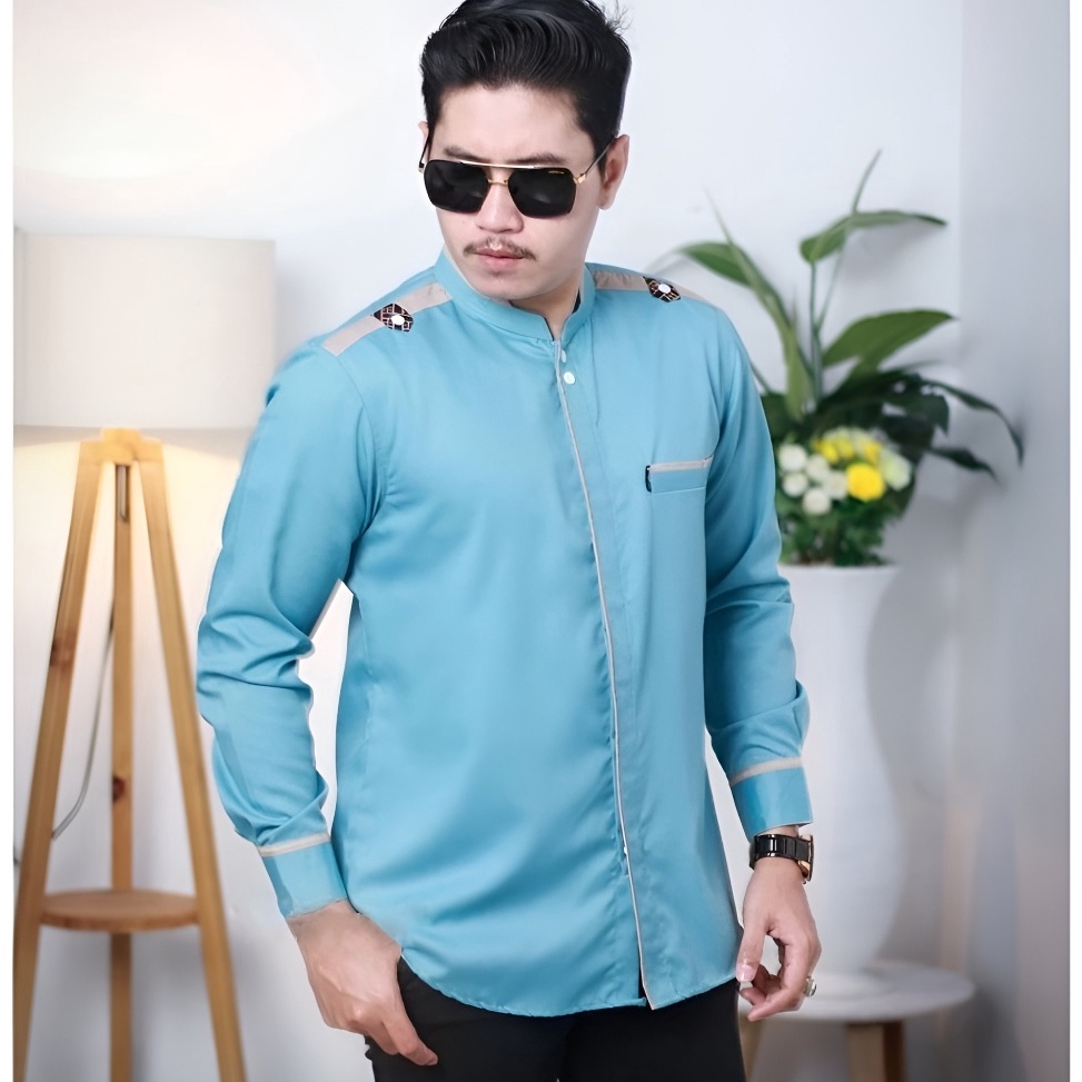 Official ShopIdUgF Hilwa Baju Koko Pria Dewasa Motif Maroko Warna Biru Wardah Lengan Panjang Kombina