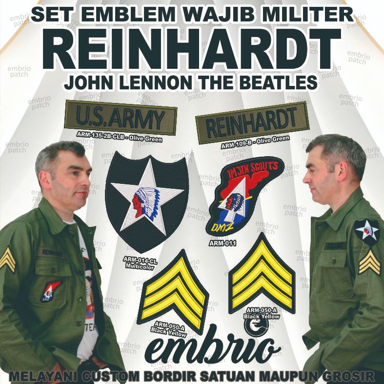 Set komplit emblem baju wamil REINHARDT John Lennon jaket wajib militer The Beatles us army