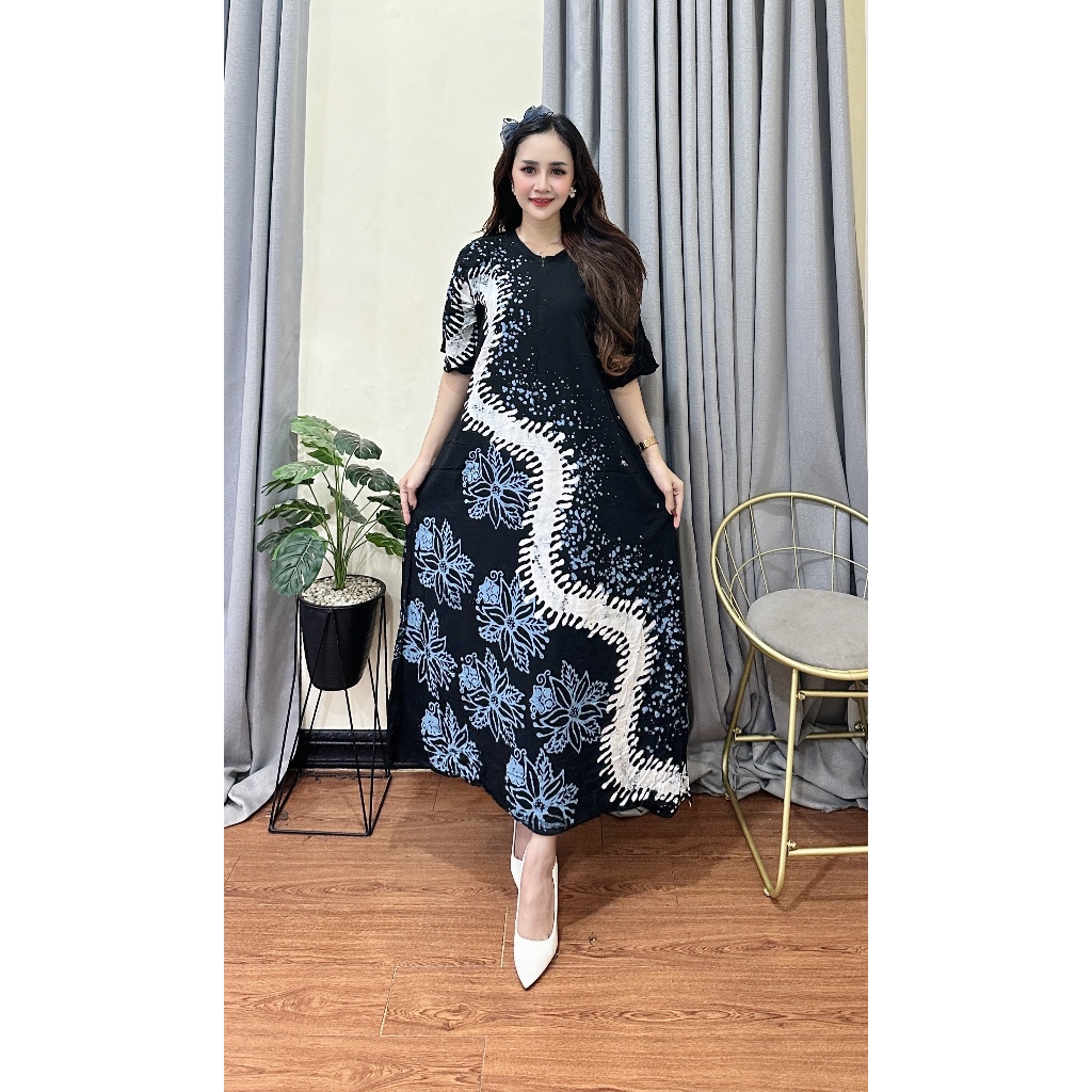 Batikid — Daster Cap Rayon Twill Handmade — Daster Santai Busui Bahan Adem  — Ribu Biru