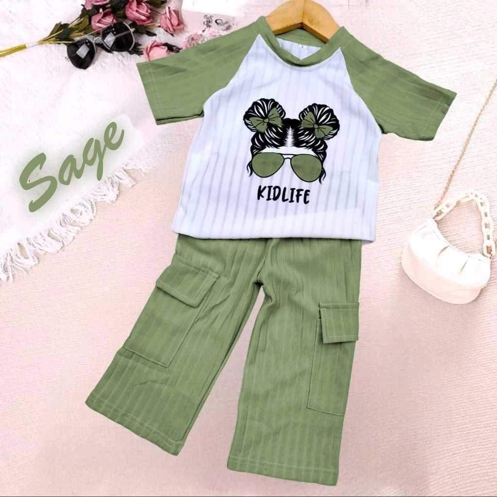 	 SETELAN ANAK PEREMPUAN ONE SET KIDLIFE Cargo Anak perempuan bahan knit motif kartu lucu, usia 1 samapi 10 tahun	