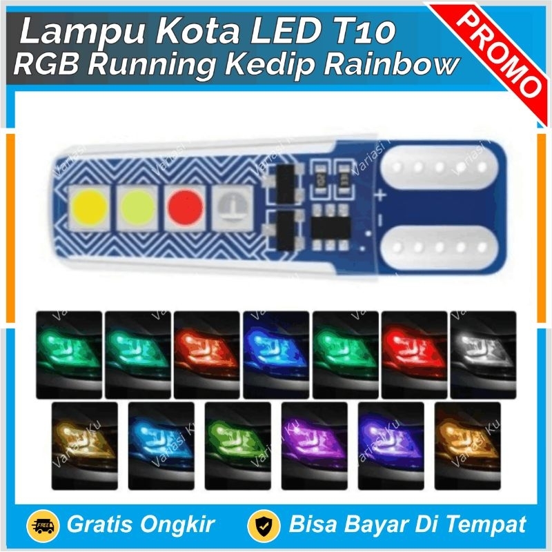 LAMPU SENJA LED KOTA RGB WARNA WARNI PELANGI T10 TANCAP RAINBOW 8 TITIK MATA PLAT NOMOR KABIN SPION 