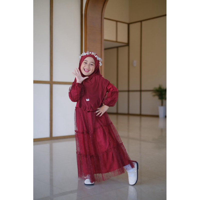 Gamis Elsa Set Kerudung Warna Maroon Gamis Anak Bahan Rayon Twill Tile Dot Neeca Size 2 4 6 8 10 Tahun Murah