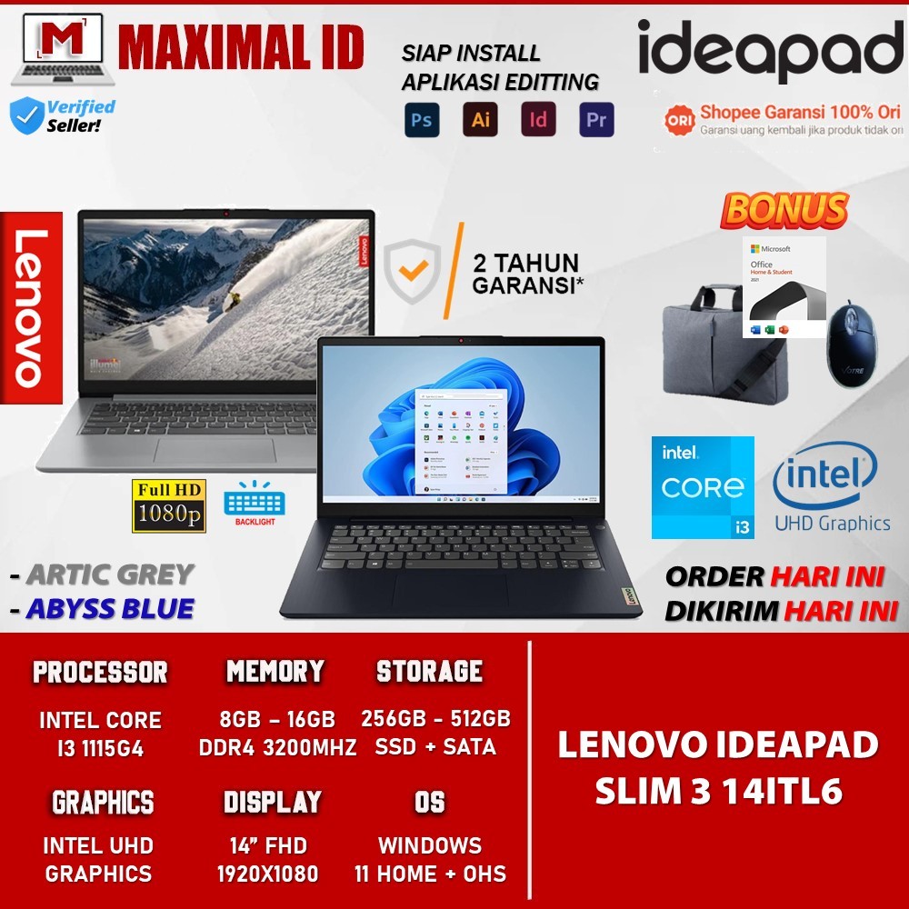 Laptop Lenovo Ideapad Slim 3 14 Intel i3 1115G4 RAM 12GB SSD 512GB FHD Windows 11 Original Termurah