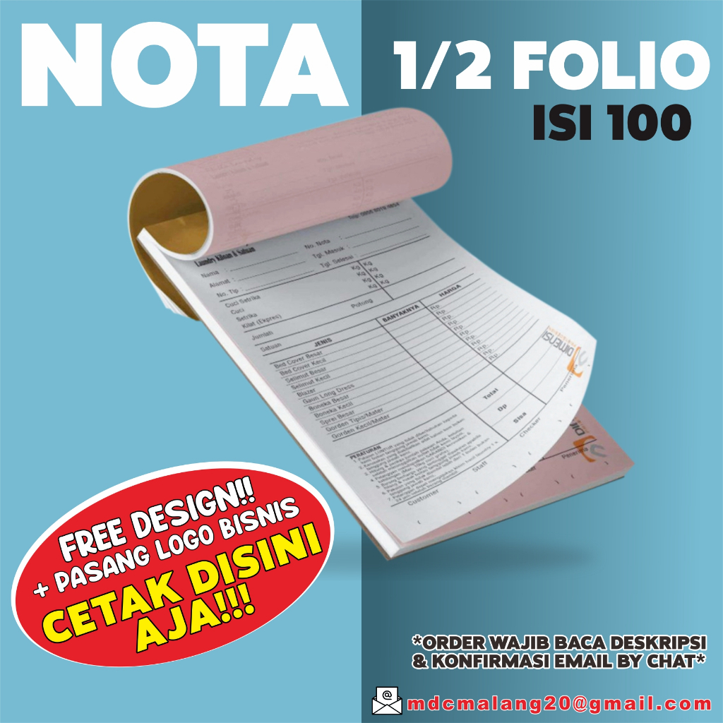 

NOTA 1 WARNA 1/2 FOLIO ISI 100 LEMBAR - CUSTOM DESAIN LOGO CUSTOMER 3PLAY