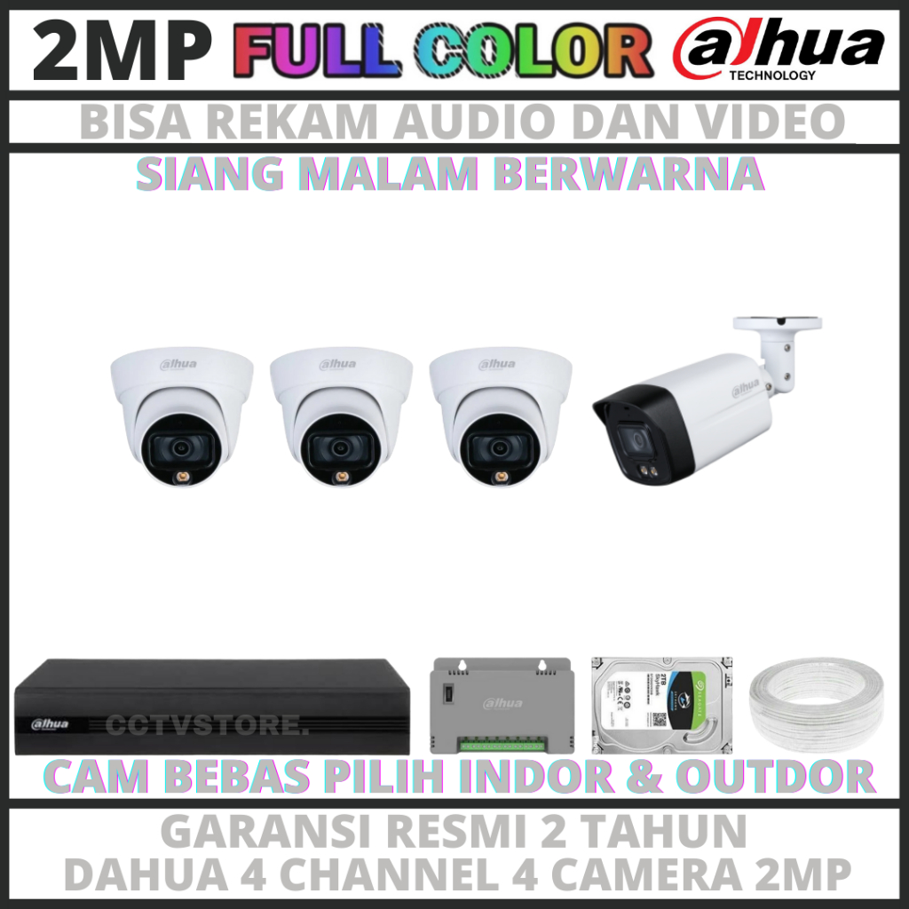 PAKET CCTV DAHUA FULL COLOR 2MP 4 CHANNEL 4 KAMERA CCTV TURBO HDCVI 1080P
