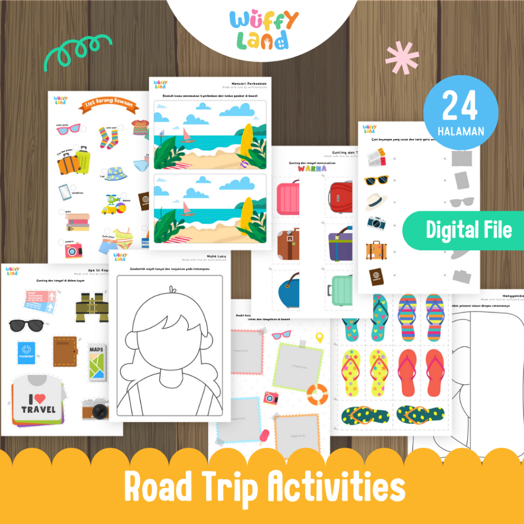 WUFFYLAND DIGITAL FILE Worksheet Printable Anak Tema Road Trip Activities Berisi 24 Halaman Terdiri 