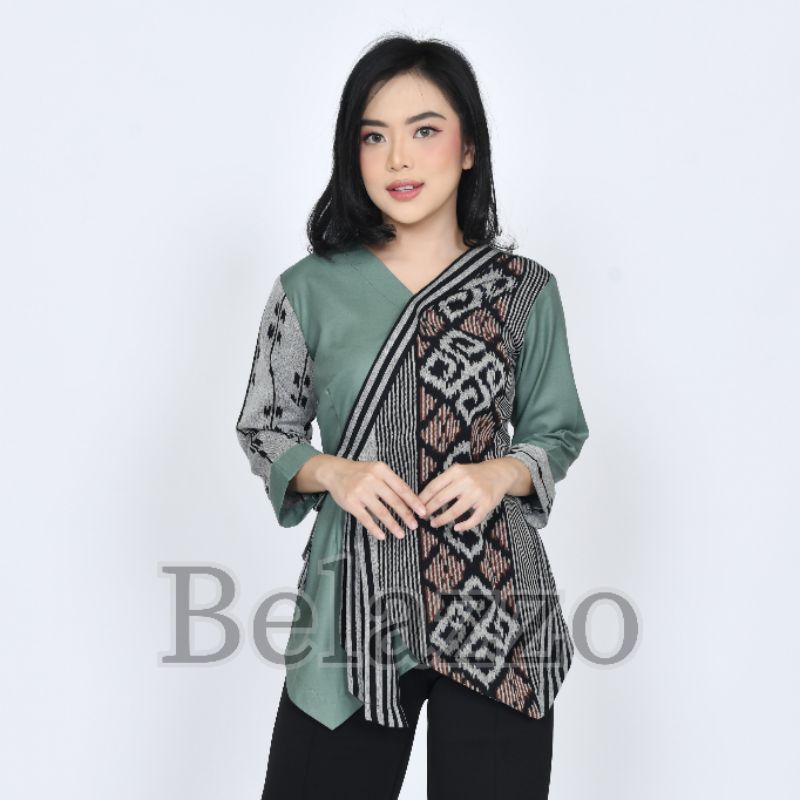 BELAZZO Baju Atasan Blouse Batik Tenun Wanita Modern Warna Hijau Sage A006