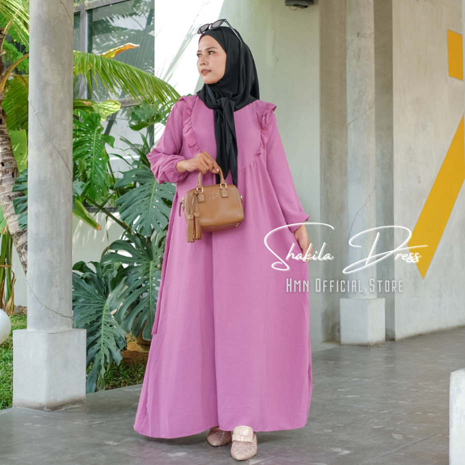 HMN Gamis Terbaru 2024 Lebaran Shakila Midi Dress Crinkle Airflow Premium Ld 110 Lengan Panjang Keru