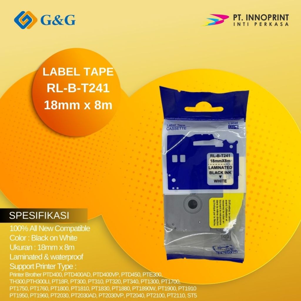 

Label tape G&G for Brother Label Tape TZE-241 18mm x 8m Black On White TZe241