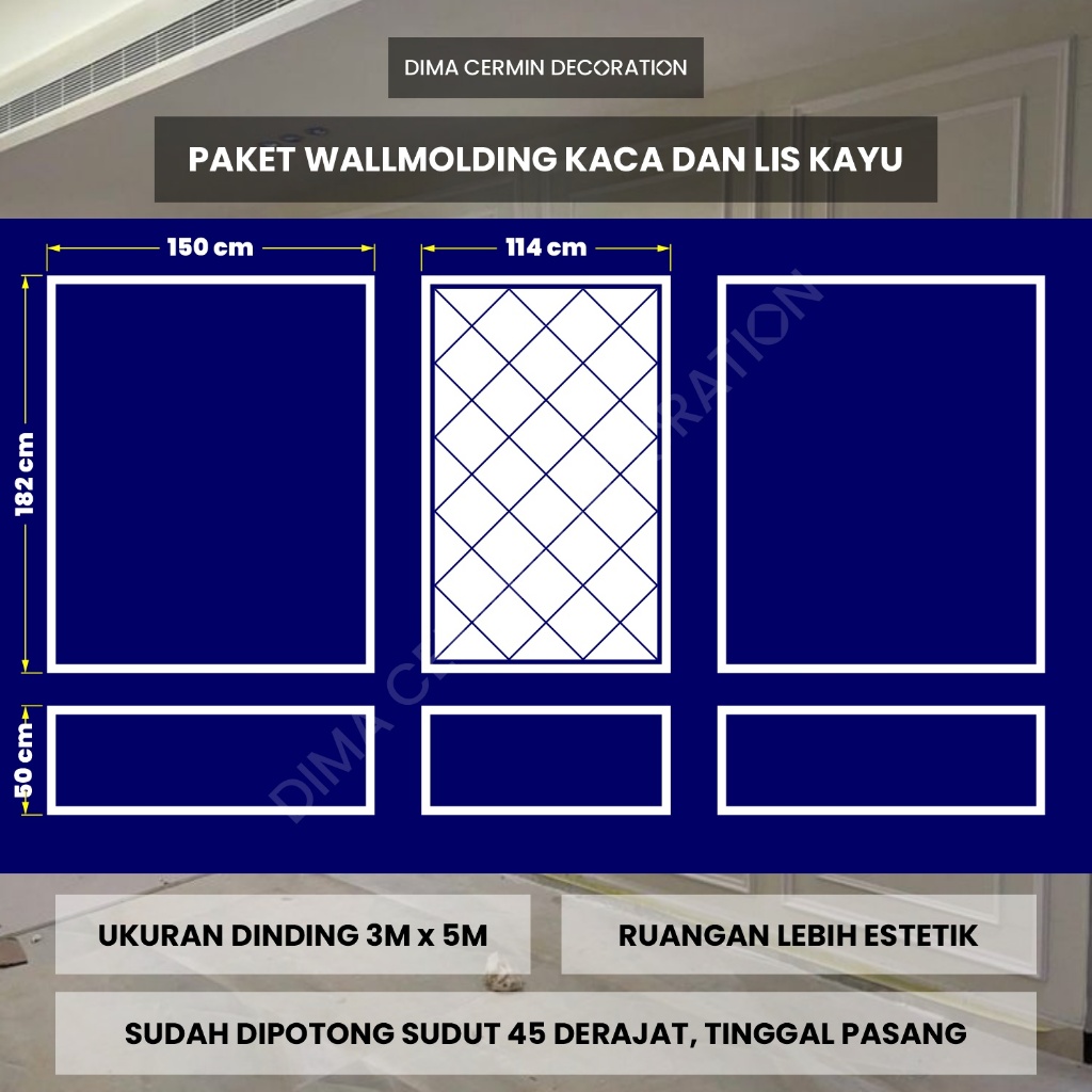 Paket Wall Moulding Lis Profil Kayu dengan Kaca Cermin untuk 3M x 5M / Dekorasi Klasik untuk Ruangan