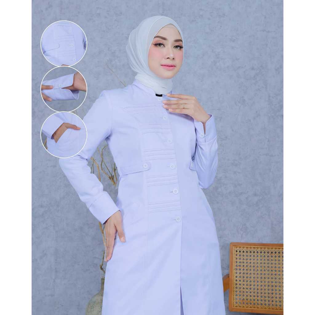 Baju Kerja Wanita Putih2 Tunik Stik Garis Perawat Setelan  Rok Span/Rok.A/Celana Panjang Free Hijab