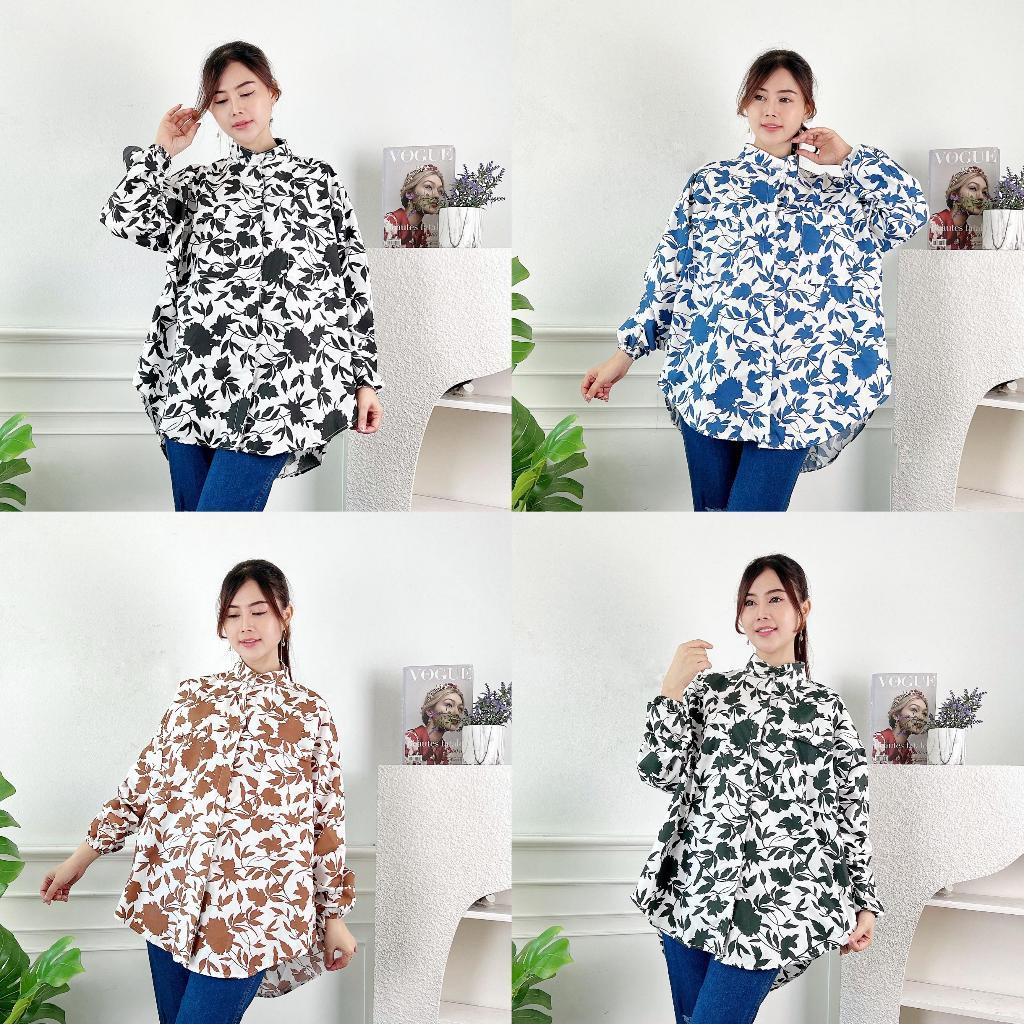 JKFashion - REC OOTD Atasan Wanita Kemeja Motif Daun / Kemeja Tunik Cartel / Pakaian Wanita Atasan H