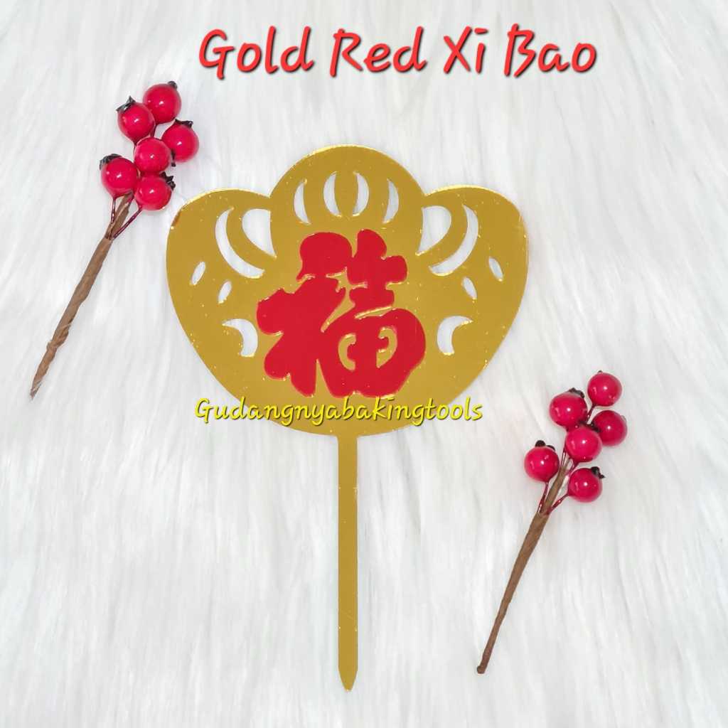 Topper Cake Imlek Akrilik Gold Red Xi Bao