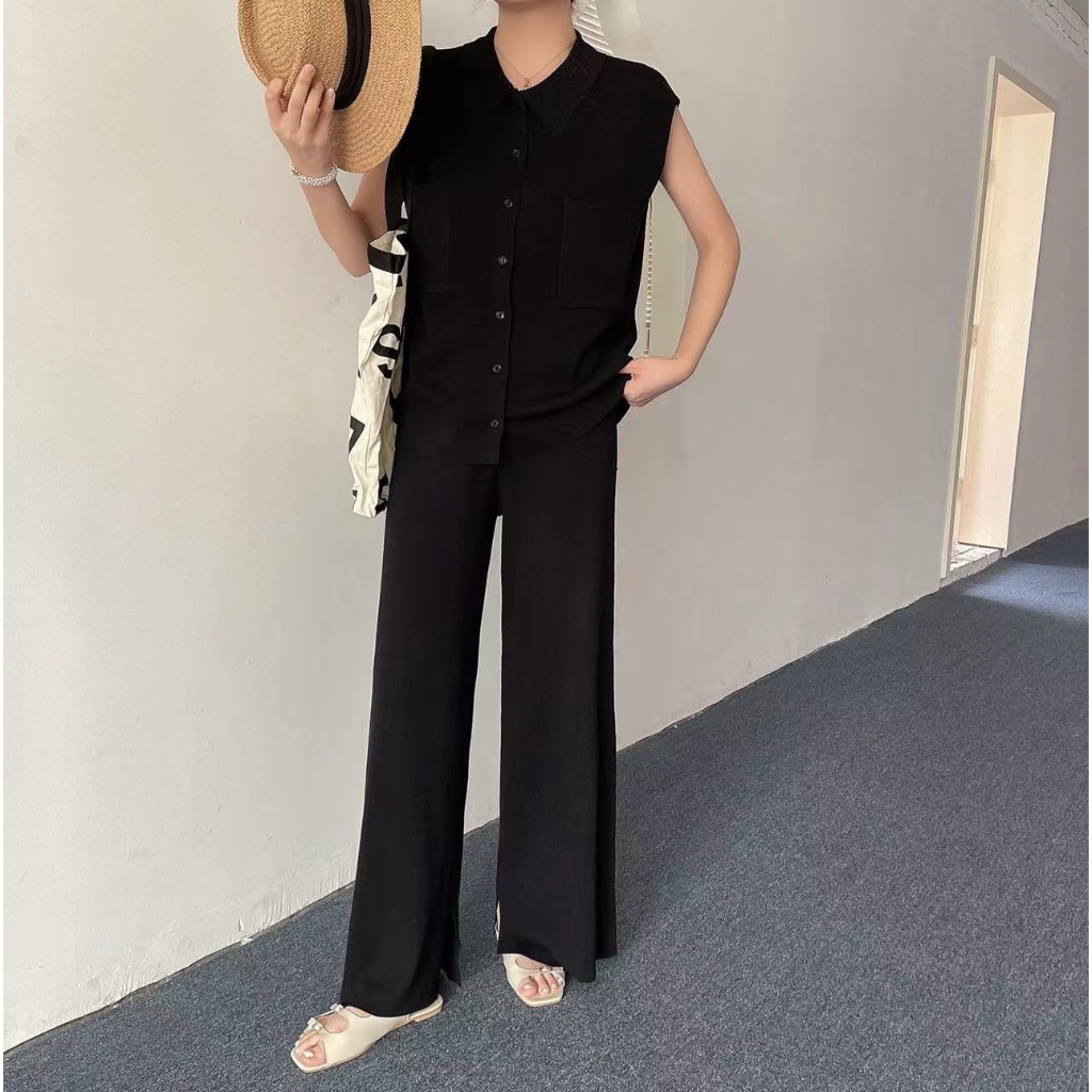 Premium Collar Knit Set Setelan Rajut Polos Berkerah Celana Kulot Panjang Import