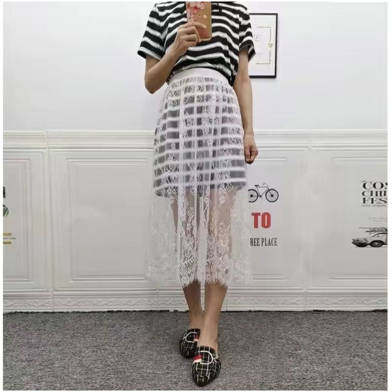 Rok Tutu Lace Motif Import/Rok Panjang Jala Renda Seksi Wanita/Rok Midi Hitam Putih Tulle Transparan