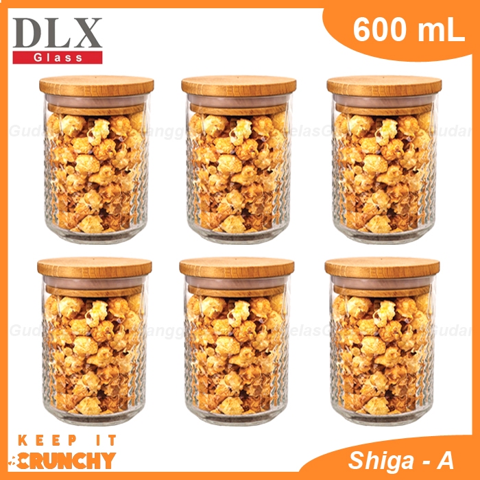 1 SET 6 PCS Toples DLX Shiga 600mL/Toples Kue/Toples Kaca/Toples Tutup Kayu/Toples Permen/Toples Kac