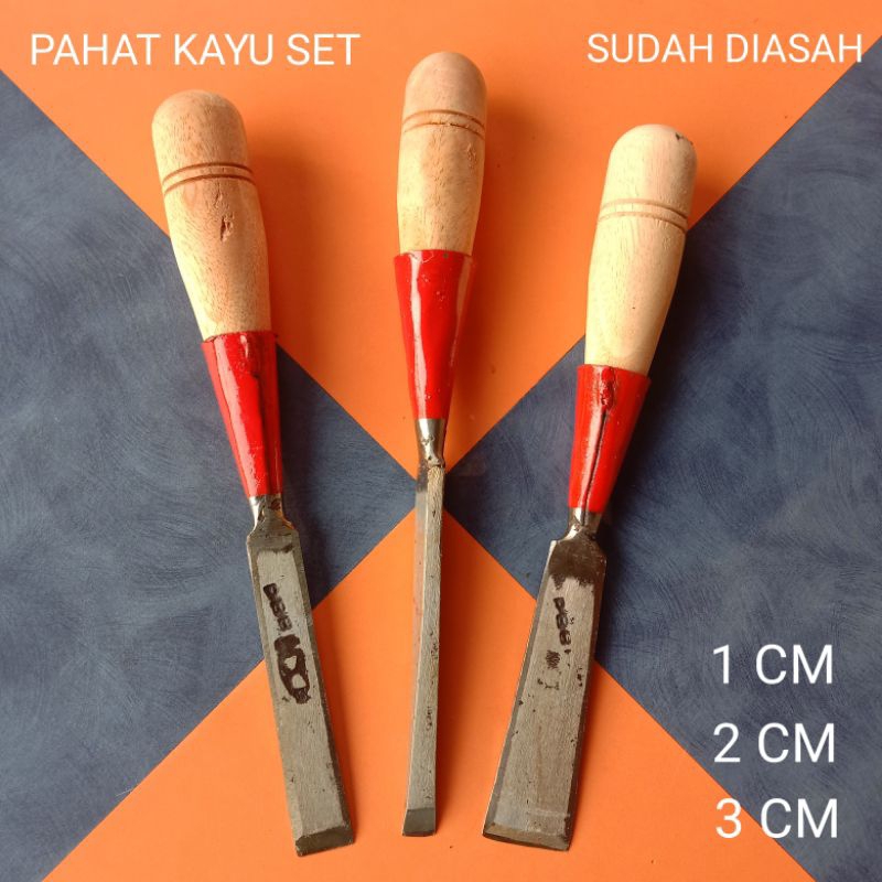 Pahat Tukang Kayu Tatah Bobok Kayu Set 3 Pcs Baja PER Tempa Sudah Diasah Siap pakai