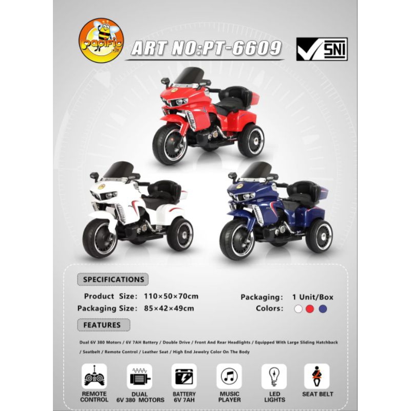 Motor Aki PACIFIC PT 6609 Mainan Anak Motoran Ada Remot