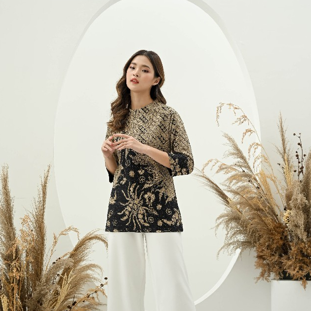 BATIK PREMIUM SASTRAJENDRA Motif DOMINO Blouse Atasan Dress Baju Batik Wanita Cewek Perempuan Slimfi