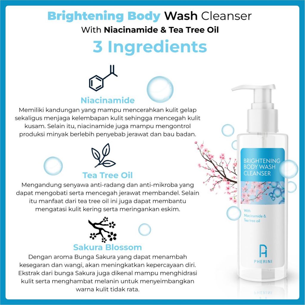 PHERINI Brightening Body Wash Cleanser Sabun Mandi Cair - With Niacinamide + Tea Tree Oil 520 ml